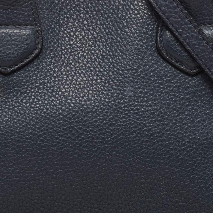 Pre Owned Burberry Navy Blue/Beige House Check Fabric and Leather Small Banner Tote