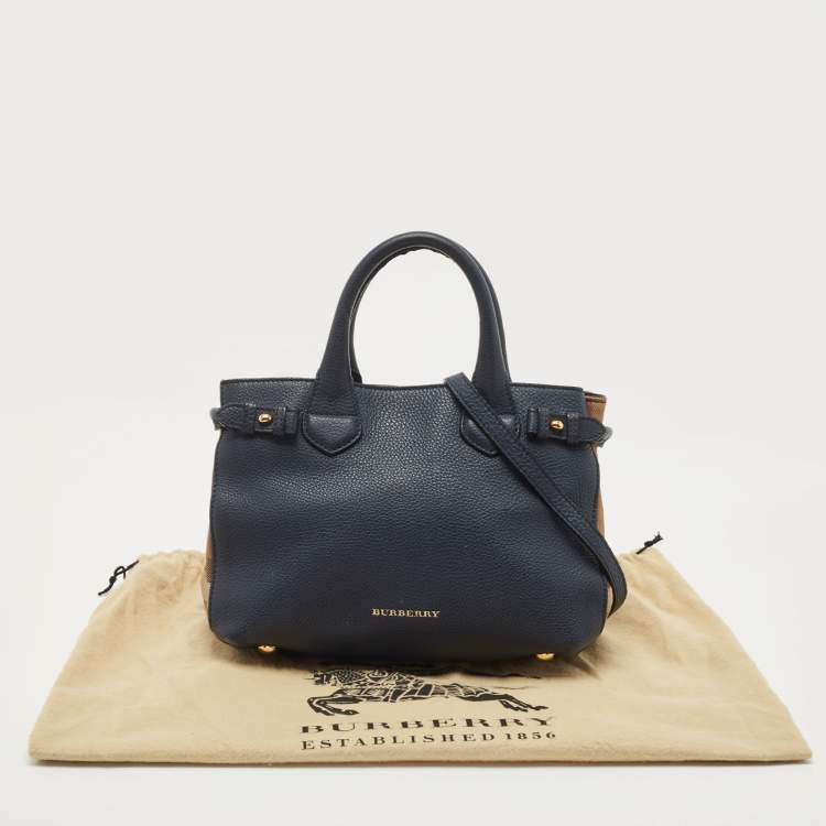 Pre Owned Burberry Navy Blue/Beige House Check Fabric and Leather Small Banner Tote