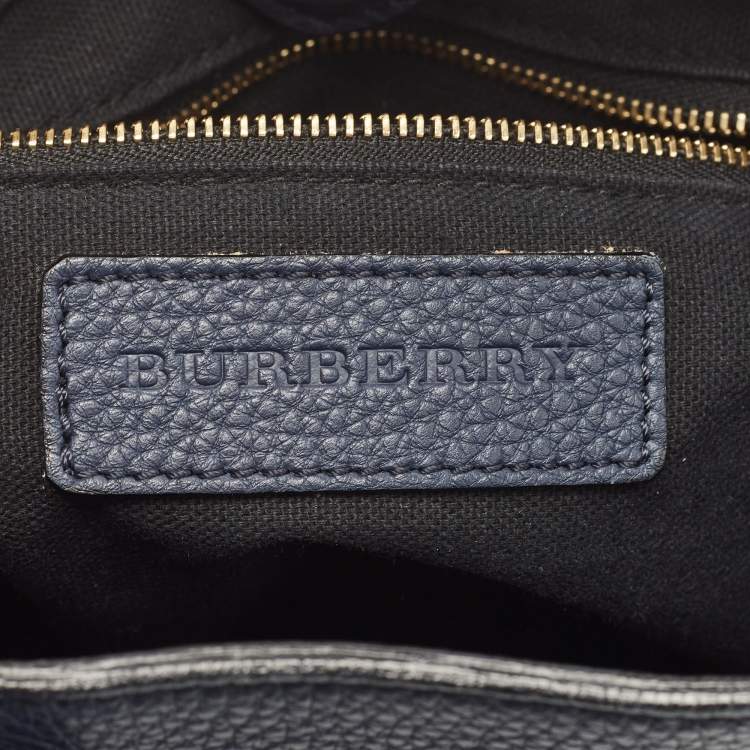 Pre Owned Burberry Navy Blue/Beige House Check Fabric and Leather Small Banner Tote