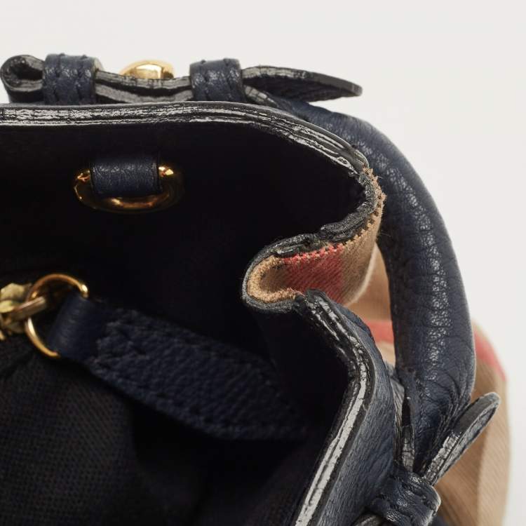 Pre Owned Burberry Navy Blue/Beige House Check Fabric and Leather Small Banner Tote