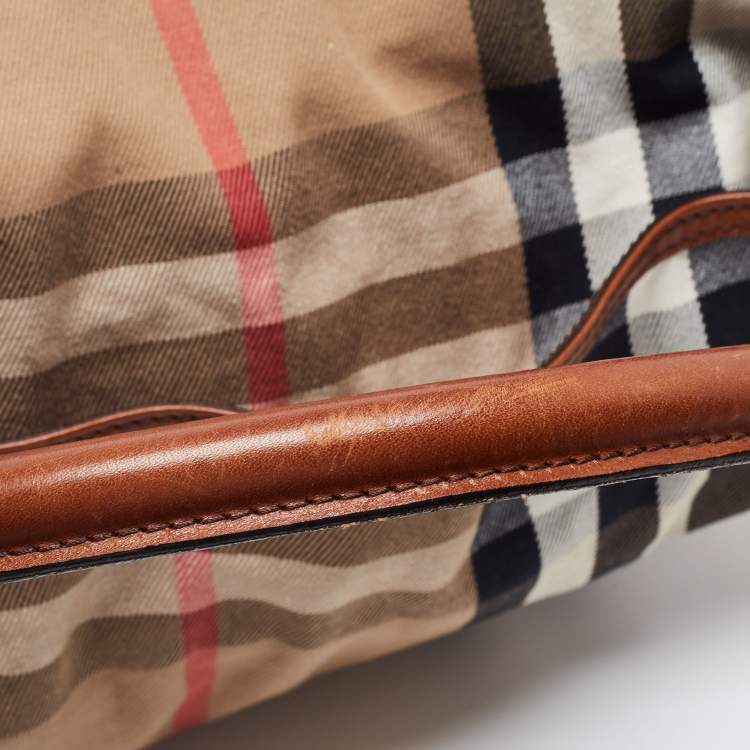 Pre Owned Burberry Brown/Beige House Check Canvas and Leather Medium Bridle Gosford Hobo