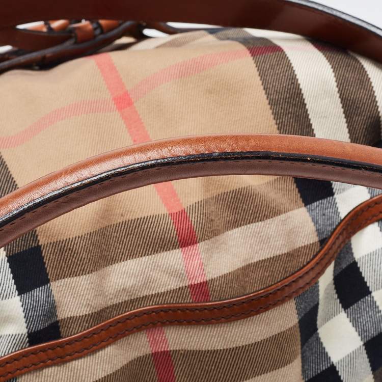 Pre Owned Burberry Brown/Beige House Check Canvas and Leather Medium Bridle Gosford Hobo