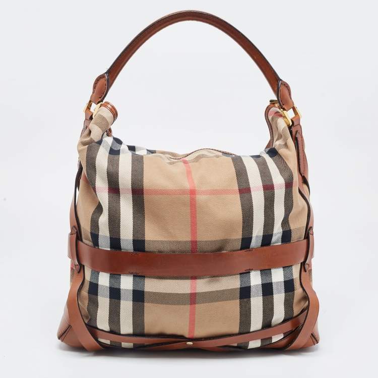 Pre Owned Burberry Brown/Beige House Check Canvas and Leather Medium Bridle Gosford Hobo