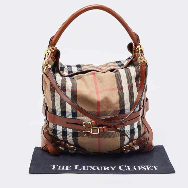 Pre Owned Burberry Brown/Beige House Check Canvas and Leather Medium Bridle Gosford Hobo
