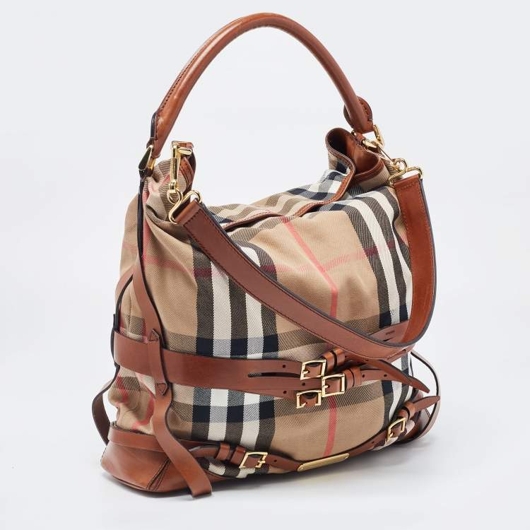 Pre Owned Burberry Brown/Beige House Check Canvas and Leather Medium Bridle Gosford Hobo