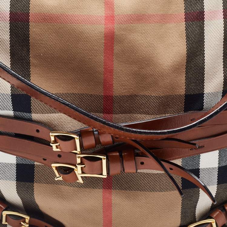 Pre Owned Burberry Brown/Beige House Check Canvas and Leather Medium Bridle Gosford Hobo