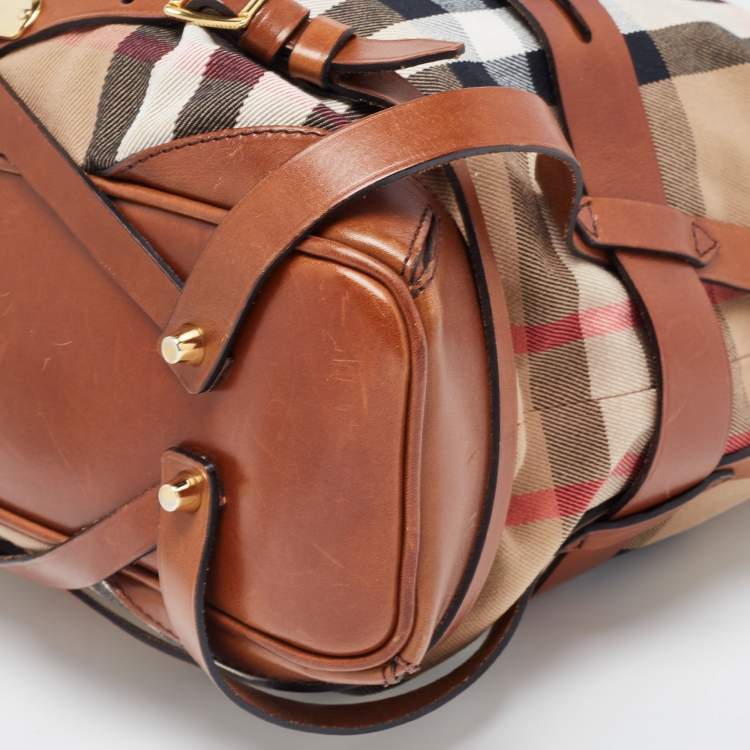 Pre Owned Burberry Brown/Beige House Check Canvas and Leather Medium Bridle Gosford Hobo