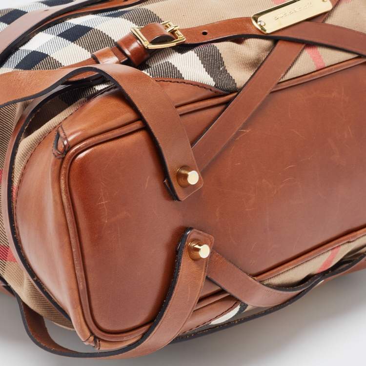 Pre Owned Burberry Brown/Beige House Check Canvas and Leather Medium Bridle Gosford Hobo
