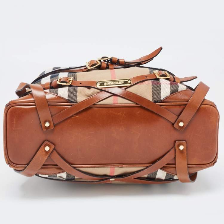 Pre Owned Burberry Brown/Beige House Check Canvas and Leather Medium Bridle Gosford Hobo