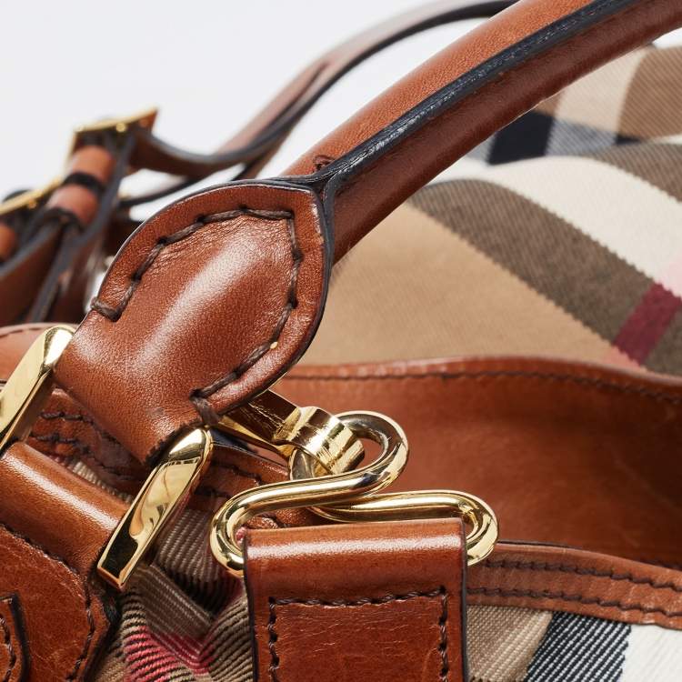 Pre Owned Burberry Brown/Beige House Check Canvas and Leather Medium Bridle Gosford Hobo