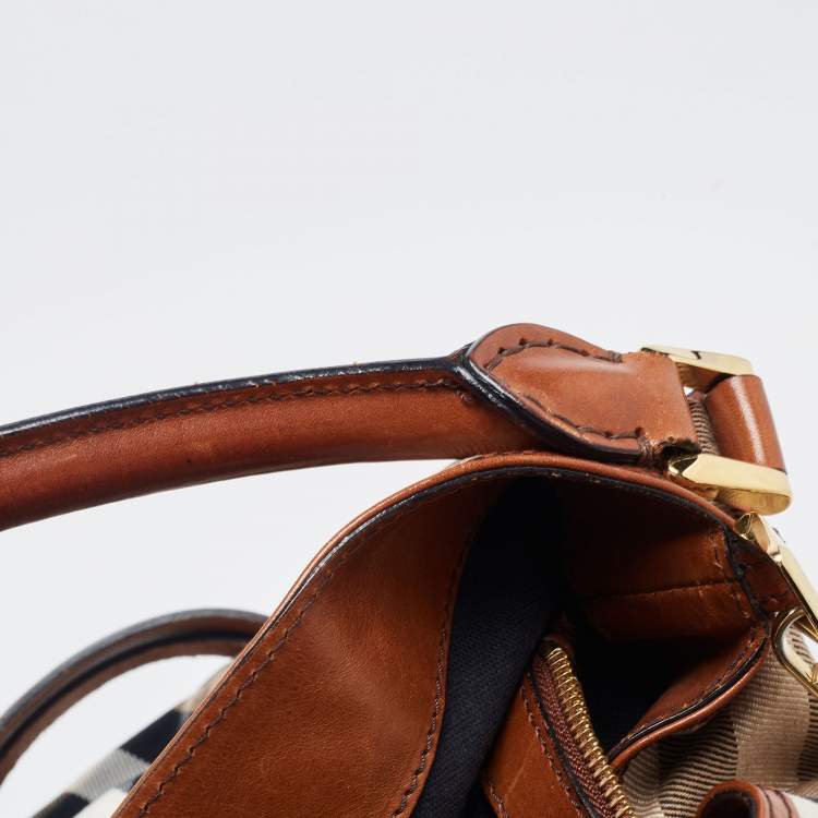 Pre Owned Burberry Brown/Beige House Check Canvas and Leather Medium Bridle Gosford Hobo