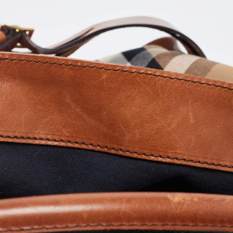 Pre Owned Burberry Brown/Beige House Check Canvas and Leather Medium Bridle Gosford Hobo