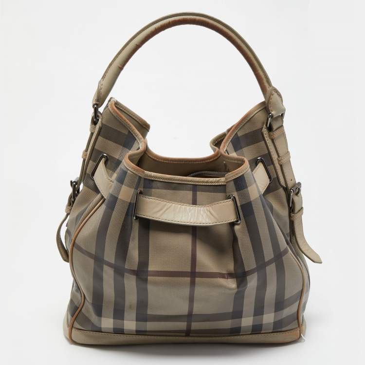 Pre Owned Burberry Beige Smoked Check PVC and Leather Walden Hobo