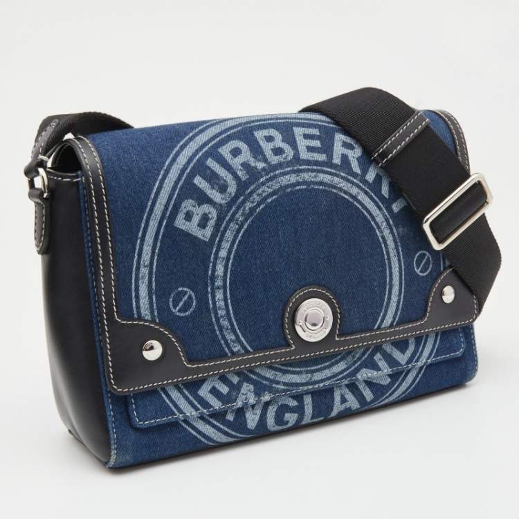 Pre Owned Burberry Blue/Black Denim And Leather Note Logo Print Crossbody Bag