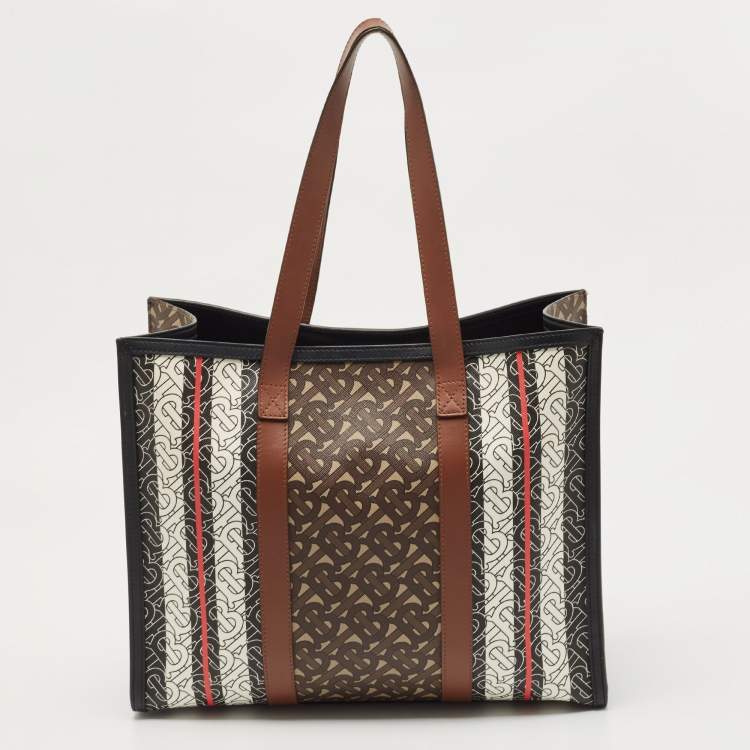 BURBERRY E-Canvas Monogram Stripe Portrait Tote Bag Bridle Brown |  FASHIONPHILE