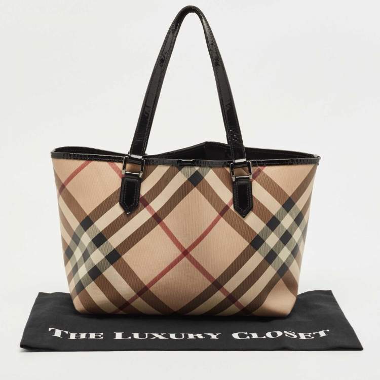 Pre Owned Burberry Beige/Black Supernova Check Coated Canvas and Patent Leather Nickie Tote