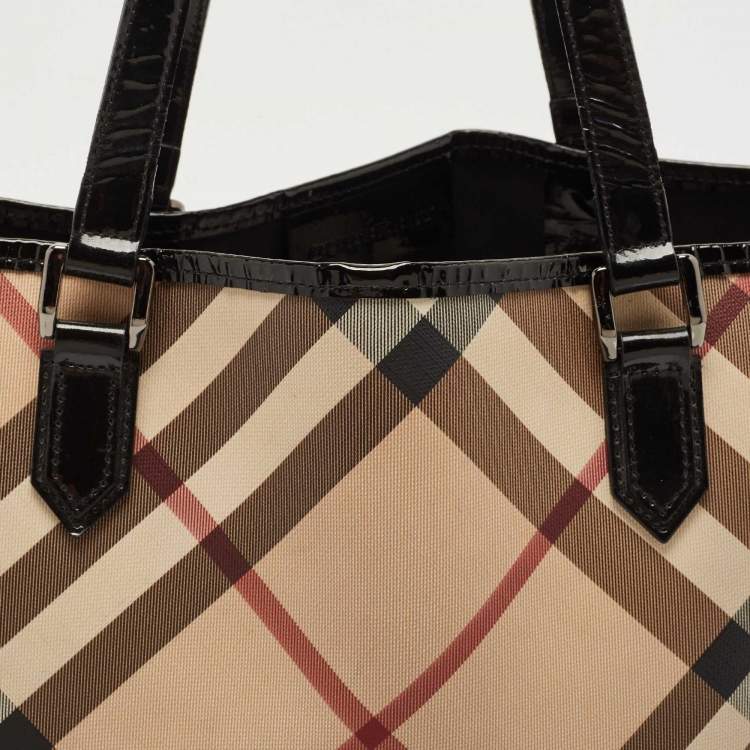 Pre Owned Burberry Beige/Black Supernova Check Coated Canvas and Patent Leather Nickie Tote