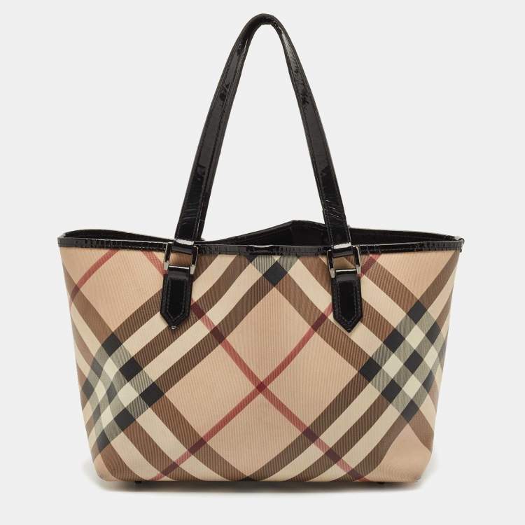 Pre Owned Burberry Beige/Black Supernova Check Coated Canvas and Patent Leather Nickie Tote