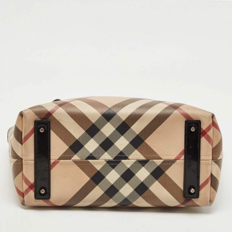Pre Owned Burberry Beige/Black Supernova Check Coated Canvas and Patent Leather Nickie Tote
