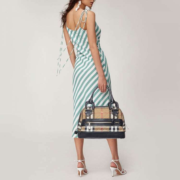 Pre Owned Burberry Beige/Black Quilted House Check Canvas and Leather Westbury Satchel