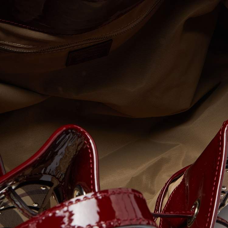 Pre Owned Burberry Red Nova Check Canvas and Patent Leather Large Warrior Armor Hobo