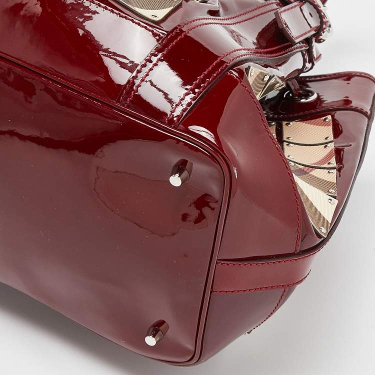 Pre Owned Burberry Red Nova Check Canvas and Patent Leather Large Warrior Armor Hobo