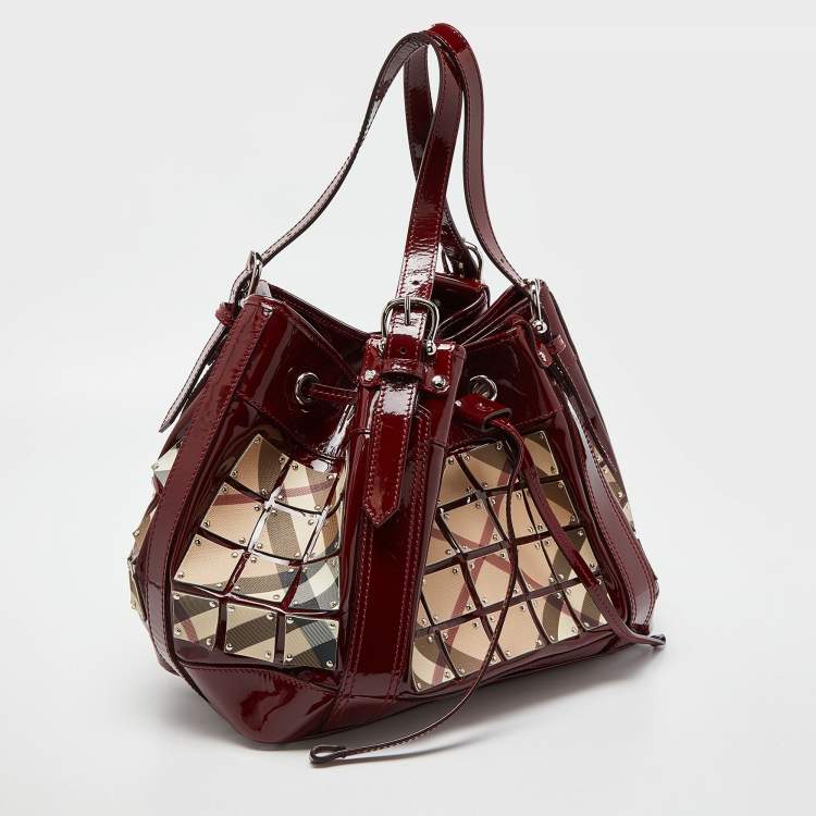 Pre Owned Burberry Red Nova Check Canvas and Patent Leather Large Warrior Armor Hobo