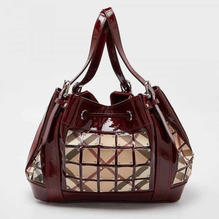 Pre Owned Burberry Red Nova Check Canvas and Patent Leather Large Warrior Armor Hobo