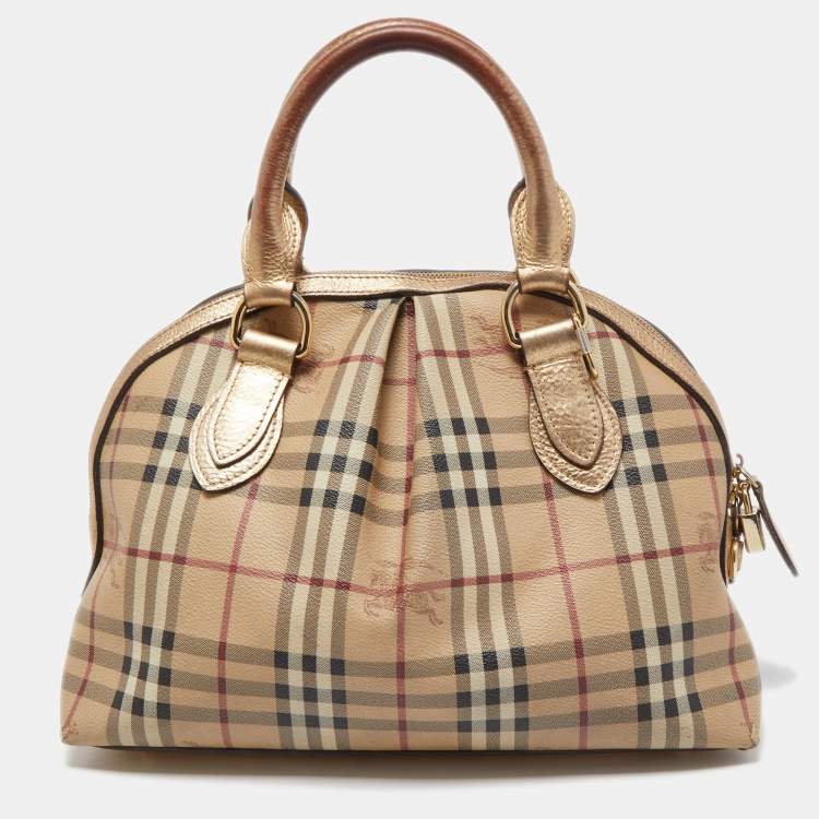 Pre Owned Burberry Beige/Dark Brown Haymarket Check PVC and Leather Thornley Satchel