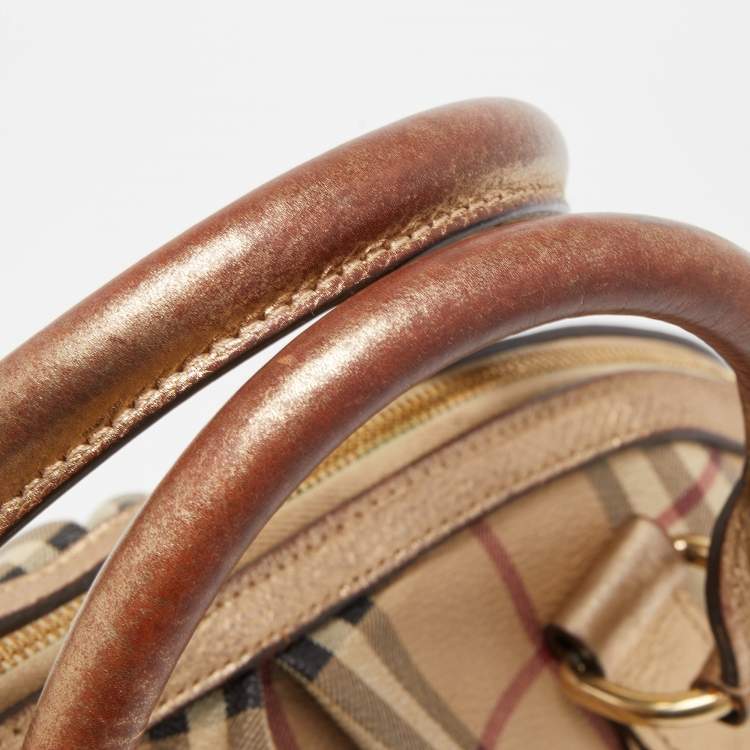 Pre Owned Burberry Beige/Dark Brown Haymarket Check PVC and Leather Thornley Satchel