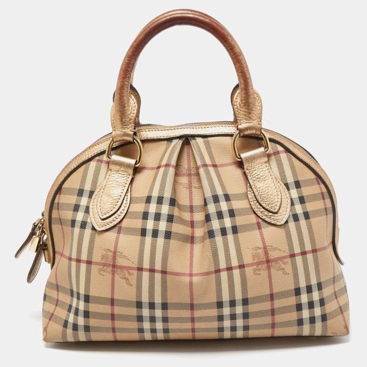 Burberry Gold Haymarket Check PVC and Leather Thornley Bowling Bag