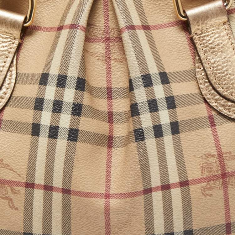 Pre Owned Burberry Beige/Dark Brown Haymarket Check PVC and Leather Thornley Satchel