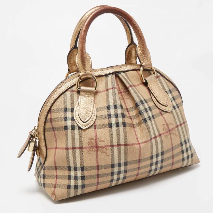 Pre Owned Burberry Beige/Dark Brown Haymarket Check PVC and Leather Thornley Satchel