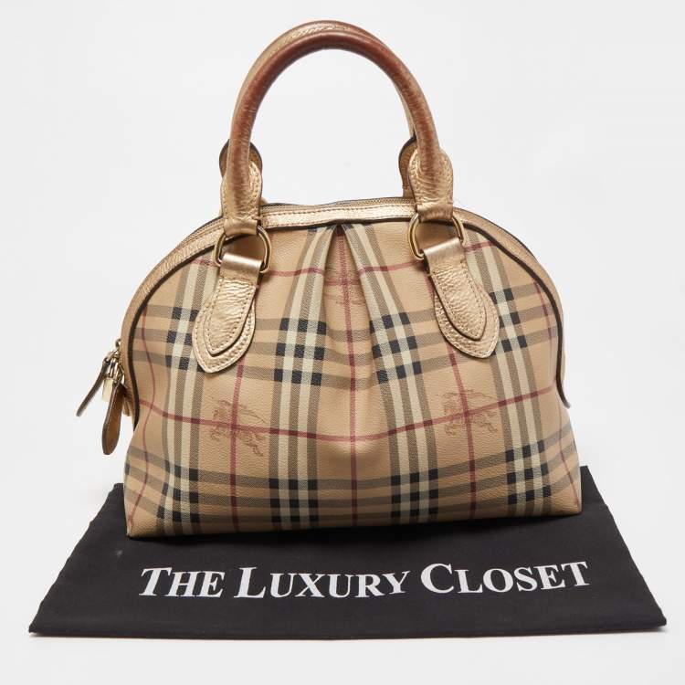 Pre Owned Burberry Beige/Dark Brown Haymarket Check PVC and Leather Thornley Satchel