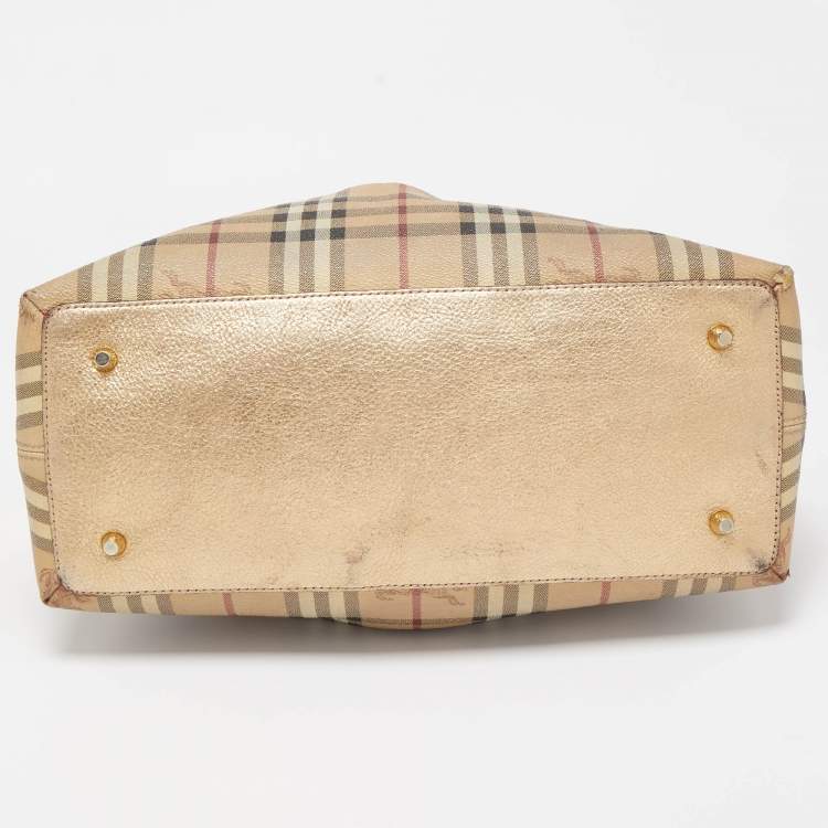 Pre Owned Burberry Beige/Dark Brown Haymarket Check PVC and Leather Thornley Satchel