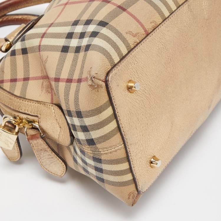 Pre Owned Burberry Beige/Dark Brown Haymarket Check PVC and Leather Thornley Satchel
