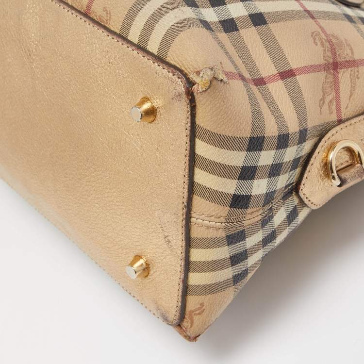 Pre Owned Burberry Beige/Dark Brown Haymarket Check PVC and Leather Thornley Satchel