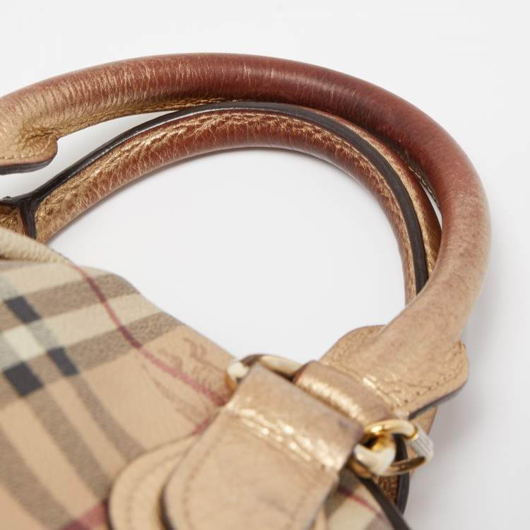 Pre Owned Burberry Beige/Dark Brown Haymarket Check PVC and Leather Thornley Satchel