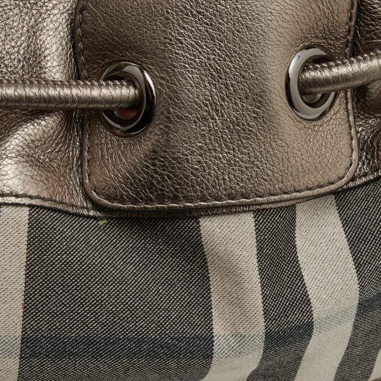 Pre Owned Burberry Metallic  Housecheck Fabric and Leather Warrior Hobo