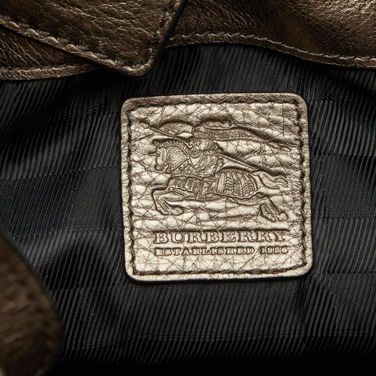 Pre Owned Burberry Metallic  Housecheck Fabric and Leather Warrior Hobo