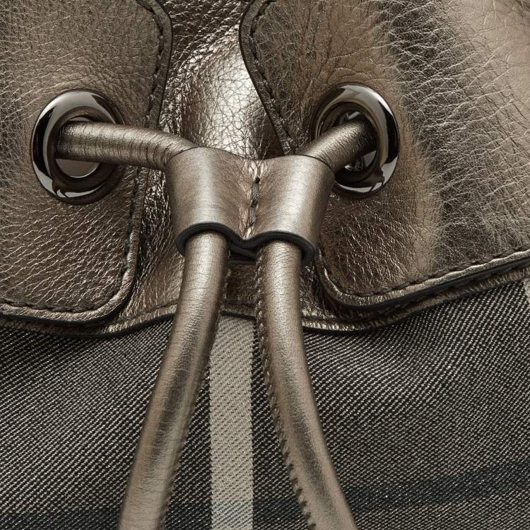 Pre Owned Burberry Metallic  Housecheck Fabric and Leather Warrior Hobo