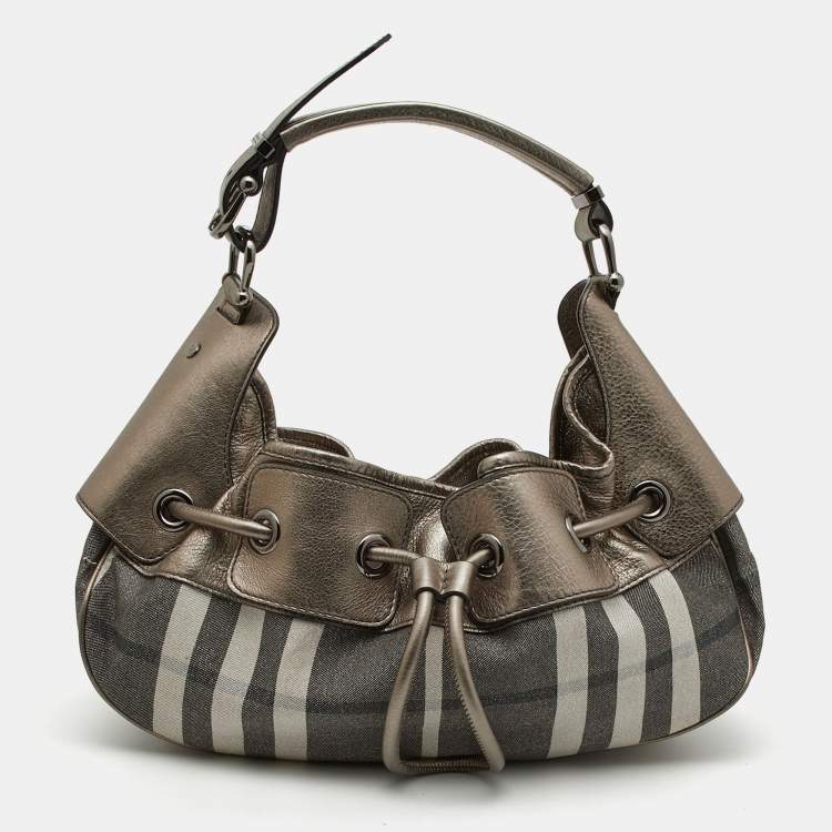 procent Decimal had Burberry Metallic Housecheck Fabric and Leather Warrior Hobo Burberry | TLC