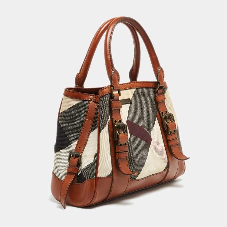 Pre Owned Burberry Brown Nova Check Fabric and Leather Tote