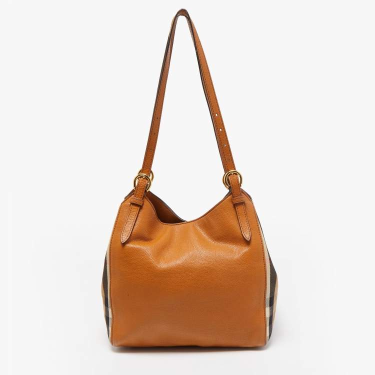 Pre Owned Burberry Tan/Beige House Check Fabric and Leather Small Canterbury Tote