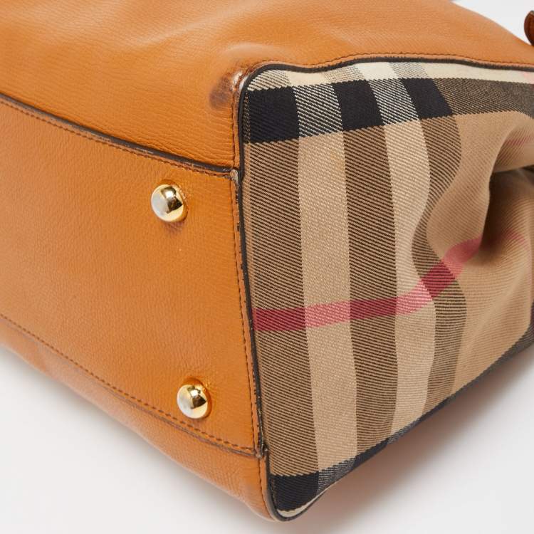Pre Owned Burberry Tan/Beige House Check Fabric and Leather Small Canterbury Tote