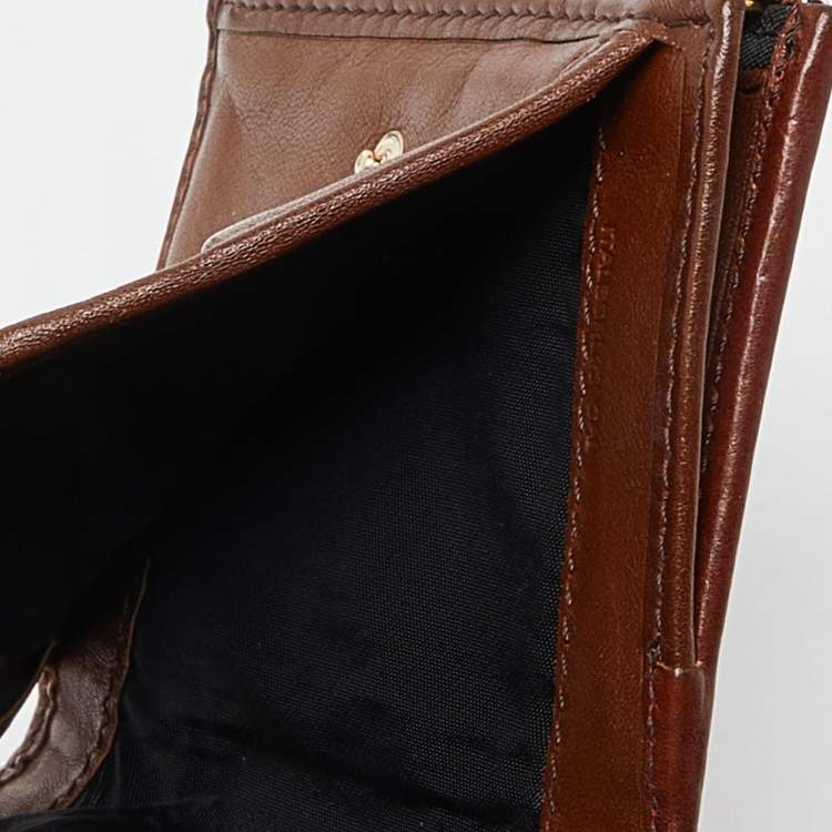Pre Owned Burberry Brown Bridle House Check Fabric and Leather Leighton Trifold Compact Wallet