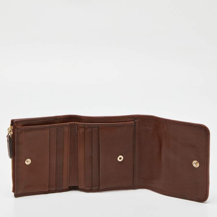 Pre Owned Burberry Brown Bridle House Check Fabric and Leather Leighton Trifold Compact Wallet