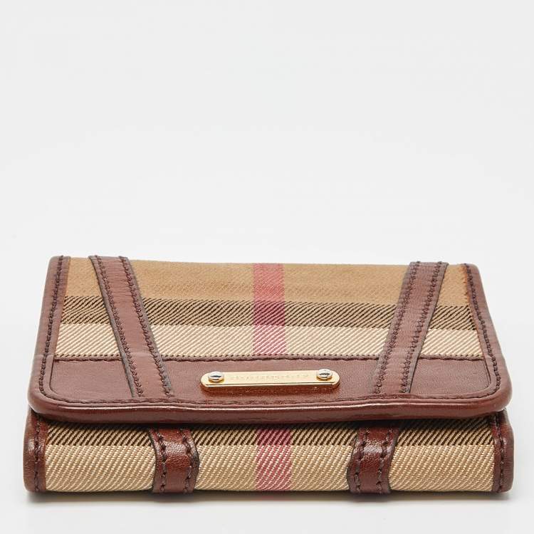 Pre Owned Burberry Brown Bridle House Check Fabric and Leather Leighton Trifold Compact Wallet