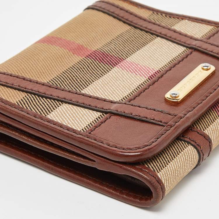 Pre Owned Burberry Brown Bridle House Check Fabric and Leather Leighton Trifold Compact Wallet