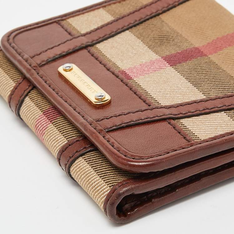 Pre Owned Burberry Brown Bridle House Check Fabric and Leather Leighton Trifold Compact Wallet